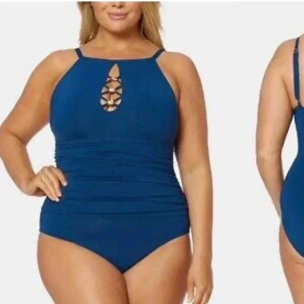 Bleu Rod Beattie Navy High Neck Strappy Swimsuit Size 6